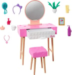 Barbie HJV35 Furniture and Accessories, Doll House Decor Set with Vanity Theme I