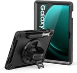 Armor-x Rainproof Military Grade Rugged Case With Hand Strap And Kick-stand Samsung Galaxy Tab S10 Fe, Samsung Galaxy Tab S9 Fe Svart