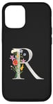 Coque pour iPhone 15 Lettre R florale en titane noir personnalisable