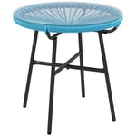 Outsunny Table Basse Ronde de Jardin en résine Aspect rotin métal et Plateau Verre trempé Ø 50 x 50 cm Bleu