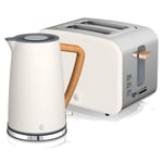 Swan Nordic Cotton White Kitchen Set with 1.7 Litre Kettle and 2 Slice Toaster, Wood Effect and Soft Touch Matte Finish, Stainless Steel, STP2090WHTN