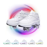 YOUSIOI Roller Skate Shoes with Double Row Deform 7 Colors LED Rechargeable Flashing 2 in 1 Removable Pulley Skates Skating Four Rounds of Running Shoes,White high top,34
