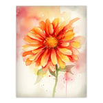 A Single Gerbera Daisy Soft Watercolour Painting Pink Green Orange Spring Bloom Flower Nature Colourful Bright Floral Modern Artwork Unframed Wall Art