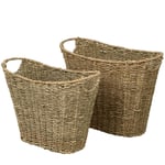 Set of 2 Wicker Baskets for Magazine Rack Newspaper Holder Storage Organizer | Vintage Rustic Straw Wire Woven Basket Hamper Bins with Handles for Living Room, Bathroom, Kitchen, Home and Office Decor