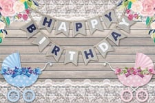 HD 7x5ft Photography Birthday Party Photo Backdrop Blue Pink Baby Prams White Lace Flowers Wood Board Happy Birthday Twins Boy Girl Pictures Background Baby Kids Children Photo Stuido Props