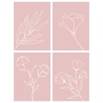 Pack of 4 Minimalist Wildflower Outline Cream on Pastel Pink Simple Floral Unframed Wall Art Living Room Prints Set
