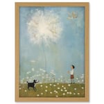 Artery8 Chasing the Giant Dandelion Dream Artwork Giant Wish Oil Painting Kids Bedroom Child and Pet Dog in Daisy Field Artwork Framed A3 Wall Art Print