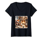 Womens Fox Reads By Fireplace In Cabin. Rustic Book Cozy Cup Tea V-Neck T-Shirt