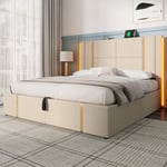Sängbox säng 180x200 cm klädd i linnetyg - med LED och laddningsfunktion - med lamellram - Beige