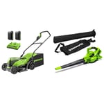 Greenworks 2x24V 36cm Battery Lawnmower GD24X2LM36K2xwith 2x2Ah Battery and Dual Slot Charger & 2X24V Cordless Leaf Vacuum and Leaf Blower 2-in-1 GD24X2BV Tool Only