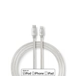 Nedis Lightning Kabel | USB 2.0 | Apple Lightning, 8-stifts | USB-C™ Hane | 480 Mbps | Guldplaterad | 1.00 m | Rund | Flätad / Nylon | Aluminium / Silver | Kartong med täckt fönster
