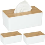 Boîte à mouchoirs, lot de 3, distributeur lingettes salle de bains, plastique, bambou, HxLxP : 10x26x14 cm, blanc-nature
