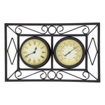 Black Ornate Garden Outdoor Metal Wall Mounted Frame Clock & Thermometer