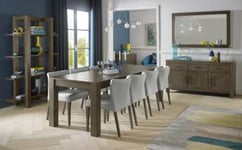 Bentley Designs Turin Dark Oak 6-10 Seater Extending Dining Table with 8 Low Back Upholstered Chairs in Pebble Grey Fabric