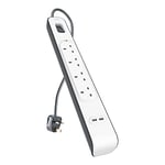 Belkin Extension Lead with USB Slots x 2 (2.4 A Shared), 4 Way/4 Plug Extension, 2m Surge Protected Power Strip - White