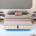 Stoppad säng med förvaringsutrymme 180x200 cm - utan huvudgavel - med LED-belysning - linne - beige (madrass ingår ej)