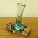 Small 20cm Melted Glass Vase on Wood Hand Crafted Christmas Gift Present Idea