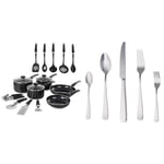 Morphy Richards 970040 Equip 14 Piece Cookware Set, Aluminium, Black & Amazon Basics 20-Piece Stainless Steel Flatware Set with Square Edge, Service for 4 Count, Silver