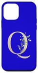 Coque pour iPhone 12 mini Lettre Q élégante en feuille d'or avec motif floral Bleu