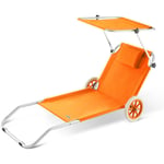 Chaise longue Crête de plage transat pliable chariot de transport avec pare soleil réglable voyage robuste Orange
