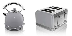 New Swan Kitchen Appliance Retro Set - Grey 1.7 Litre Dome Kettle & Grey Retro Stylish 4 Slice Toaster Set