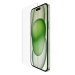 Belkin Protection d'écran antimicrobienne ScreenForce TemperedGlass pour iPhone 15 Plus, verre trempé, protection fine, transparente, antirayure, support Easy Align pour pose sans bulle d'air