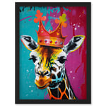 King Queen Giraffe Wearing a Crown Modern Pop Art Artwork Framed Wall Art Print A4