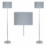 Set of 2 Modern Chrome 150cm Floor Light Standard Lamps Grey Fabric Shades