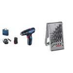 Bosch Professional 12V System Cordless Combi Drill GSB 120-LI (incl. 2x2.0 Ah Battery, Fast Charger GAL 1210 CV, Carrying Case) + 7pc. Brad Point Wood Drill Bit Set (for Soft- and Hardwood, Ø 3-10 mm)