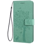 Keyyo Flip Folio Case for Huawei Honor 50 5G / Huawei Nova 9, Premium Leather Wallet Cover with Cash & Card Slots, 3D Cat Tree Pattern Fashion Phone Shell - Green