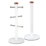 Tower T826002RW Linear Kitchen Roll Holder and Mug Tree with Weighted Base, Stainless Steel, White and Rose Gold, 15 x 15 x 36.5 cm