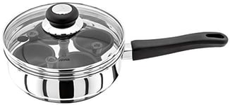 Judge Vista JJ86A Four-Cup Egg Poacher and Stainless Steel Frying Pan, 20cm, Vented Glass Lid and Stay-Cool Handle, Induction Ready, 25 Year Guarantee 10 Year Non-Stick Warranty