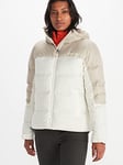 Marmot Women Wm's Guides Down Hoody, Warm Down Jacket, Insulated Hooded Winter Coat, Windproof Down Parka, Lightweight Packable Outdoor Jacket, Papyrus/Sandbar, XL