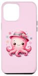 Coque pour iPhone 14 Pro Max Fond rose avec pieuvre mignonne avec chapeau et fleurs