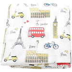 Wriggle & Giggle Muslin Blankets for Babies - 70% Bamboo / 30% Cotton - Large 120cm x 120 cm - Baby Wrap Blanket - London, Paris, Big Red Bus, Design - Swaddle Blanket for Babies (Landmarks)