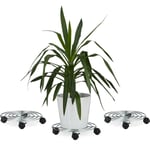 Porte plantes à roulettes, lot de 3, avec freins support pot de fleurs rond en métal HxLxP: 6 x 32 x 32 cm, argenté