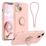 pcgaga Coque en Silicone pour iPhone 14 Plus avec Verre Trempé, [Protection de la caméra] [Doublure en Microfibre] [Support pour Anneau] [Dragonne Portable] 6.7'', Rose