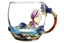 Enamels Glass Mug Butterfly Flower Clear Lead-Free Coffee Mugs Tea Cup Travel Mugs Elaborate Handle and Beautiful Spoon for Women Birthday Valentines Wedding Day Gifts (Blue, Short)
