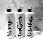 Print Maniacs 3 Set Mrs Hinch Inspired White Personalised Dispenser Pump Bottles Shampoo Conditioner Body Wash (Black)