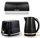 Tower Solitaire Kettle 2 Slice Toaster & Bread Bin Black & Chrome Matching Set
