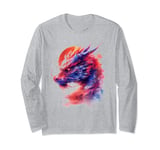 mythical fierce blue red purple Asian dragon sky moon art #2 Long Sleeve T-Shirt