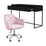 https://furniture123.co.uk/Images/BUNLAR00585203_3_Supersize.jpg?versionid=5 Matt Black Wood Computer Desk with Drawer & Baby Pink Velvet Chesterfield Office Chair - Larsen Marley
