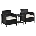 Outsunny 3 Pieces PE Rattan Bistro Set, Outdoor Wicker Balcony Furniture, Conservatory Armchair & Glass Top Two-tier Side Table with Cushions and Pillows, Black