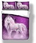 Unicorn Bedding Set Double Kids Girls Psychedelic Space Duvet Cover Pink Purple Sparkly Stars Horse Comforter Cover Galaxy Horse Decor Bedspread Cover Cool Animal Theme Quilt Cover for Adult