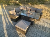 High Back Rattan Garden Furniture Sets Gas Fire Pit Dining Table  Left Corner Sofa Big Footstools 7 Seater