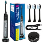 Electric Toothbrush Sonic with Replacement Heads Travel Case 5 Modes Black HQ UK
