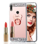 COTDINFORCA Mirror Makeup Case For Xiaomi Redmi Note 7 Shell TPU Suitable for Girls Woman Slim Cover Bling Crystal Diamond Glitter Standing Case for Redmi Note 7 Bear Ring Mirror Rose Gold.