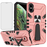 Asuwish Compatible with iPhone Xs X 10 10s Case Tempered Glass Screen Protector Cover and Magnetic Stand Holder Slim Hard Phone Cases for iPhoneX iPhoneXs iPhone10 i PhoneX SX 10x 10xs X’s Rose Gold