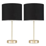 Pair of - Modern Standard Table Lamps in a Gold Metal Finish with a Black Cylinder Shade - Complete with 4w LED Candle Bulbs [3000K Warm White]