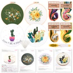FEPITO 4 Sets Embroidery Starter Kit with Pattern and Instructions Cross Stitch Kit Include Embroidery Cloth with Floral Pattern, Embroidery Hoops, Scissors, Color Threads Needle Kit, Floral Style 2